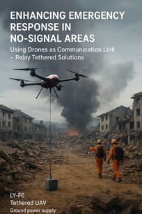 A rescue team in a disaster zone deploying a tethered drone to create a temporary communication network