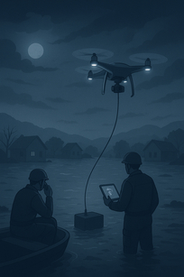 A tethered drone in the sky acting as a communication relay, with ground rescue teams using connected devices