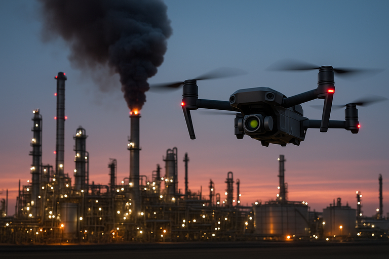 Firefighting Drone over Oil Refinery